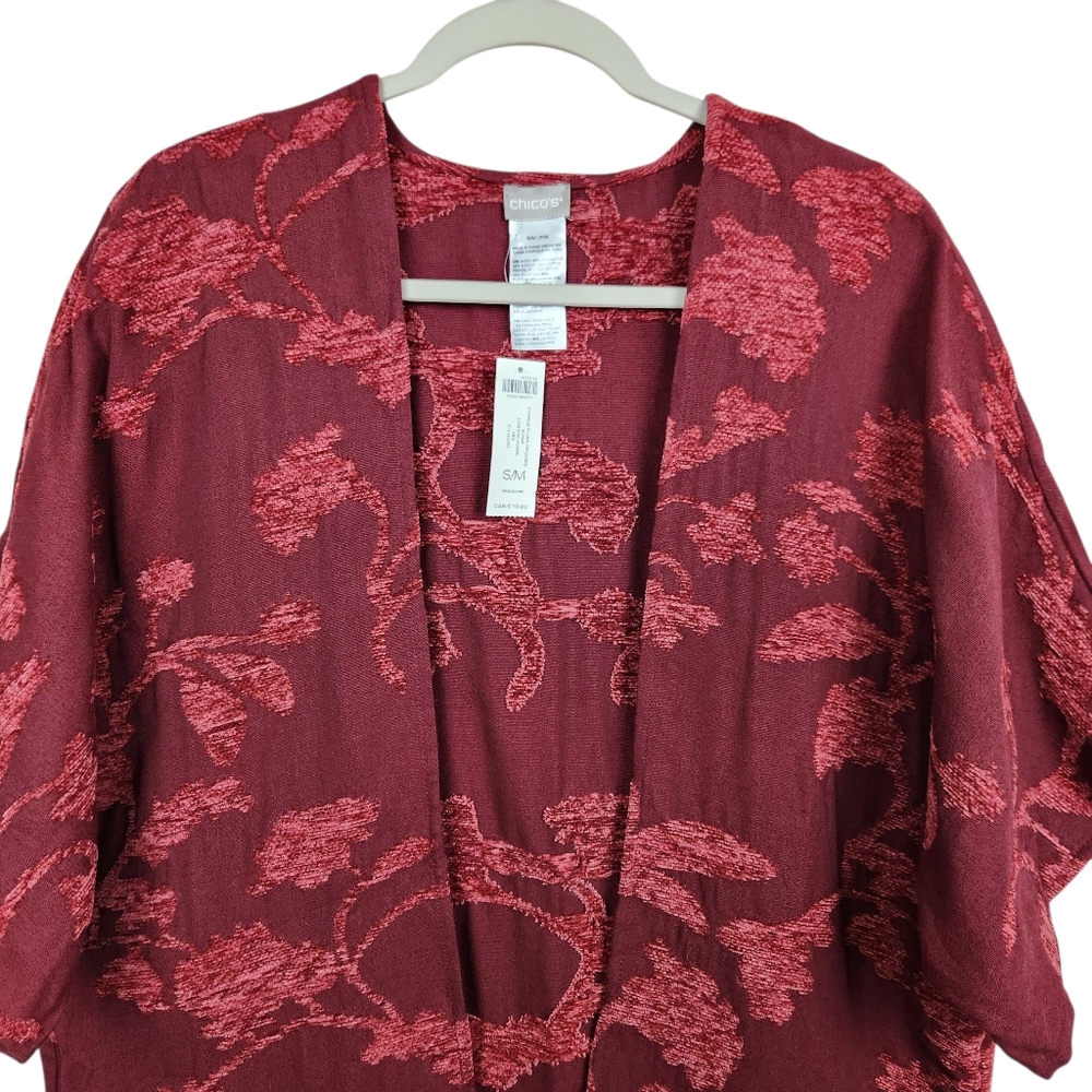 Chico's Chenille Floral Jacquard Fringe Red Ruana Shawl NWT Womens Size S/M - Picture 6 of 11
